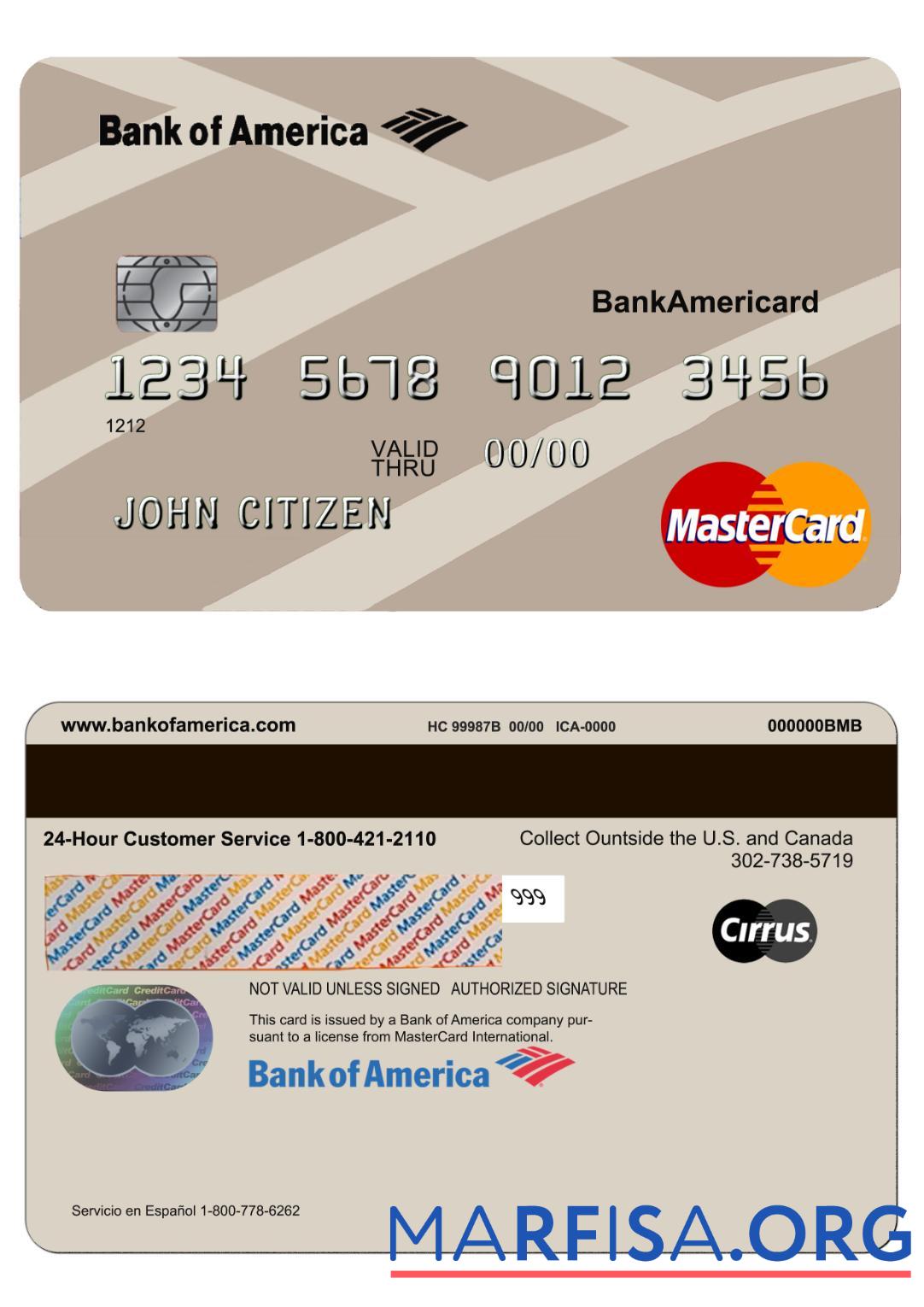 Realistic USA Bank of America bank mastercard template